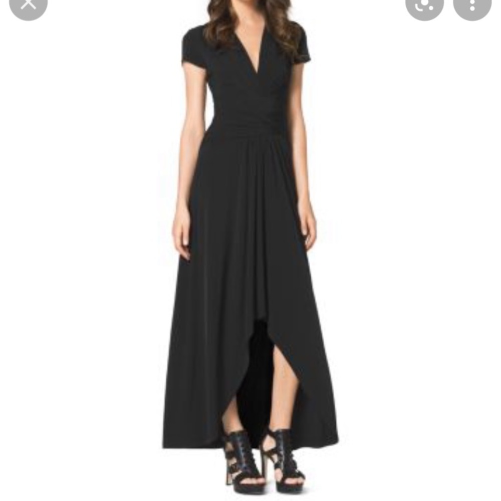 Michael Kors cap sleeve black maxi high low hem